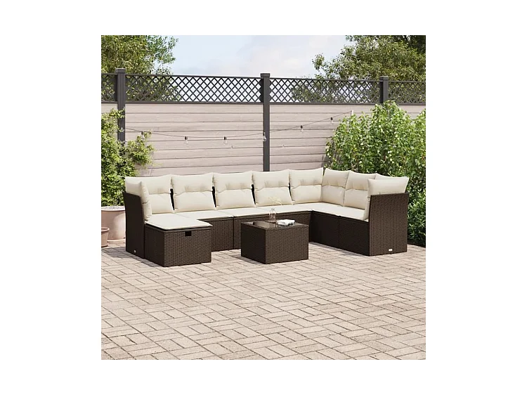 Salon de jardin avec coussins 9 pcs marron résine tressée