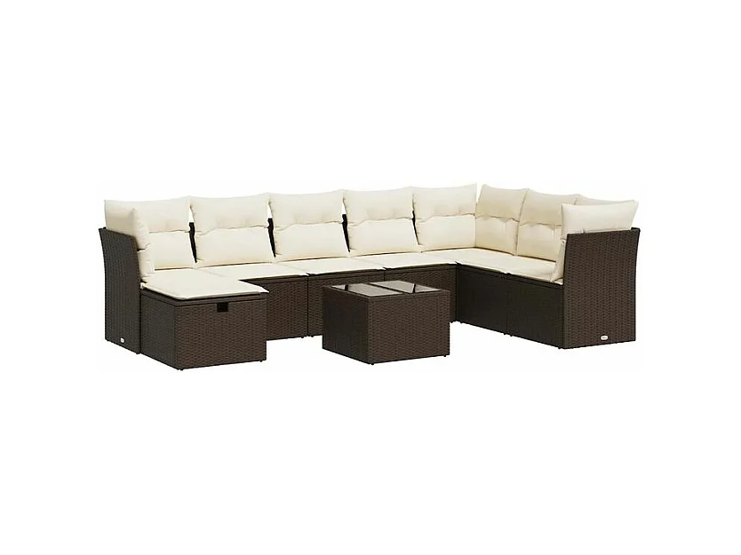 Salon de jardin avec coussins 9 pcs marron résine tressée