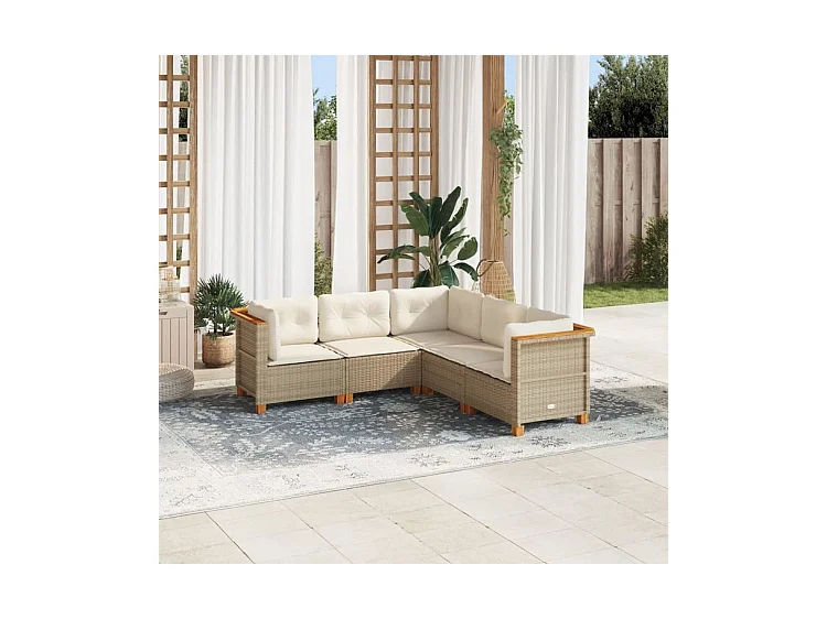 Salon de jardin avec coussins 5 pcs beige résine tressée