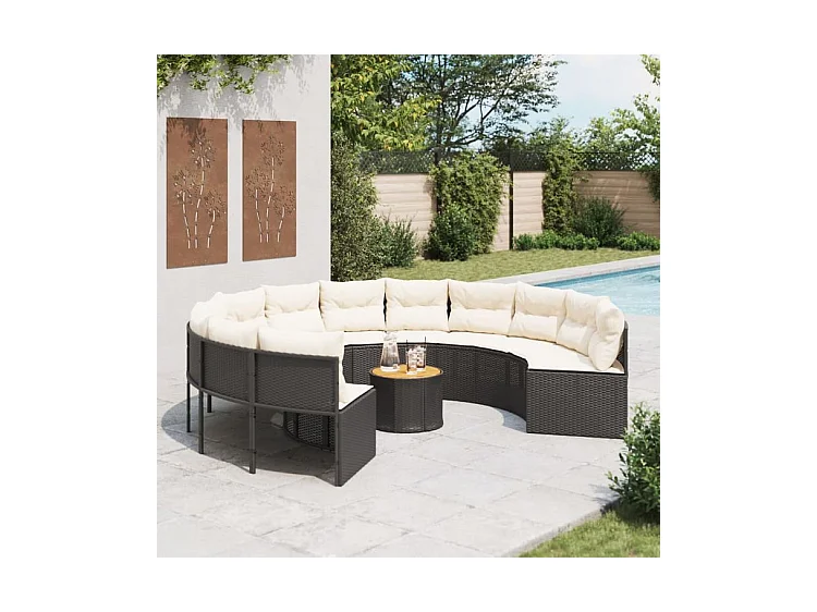 Canapé de jardin avec table coussins rond noir résine tressée
