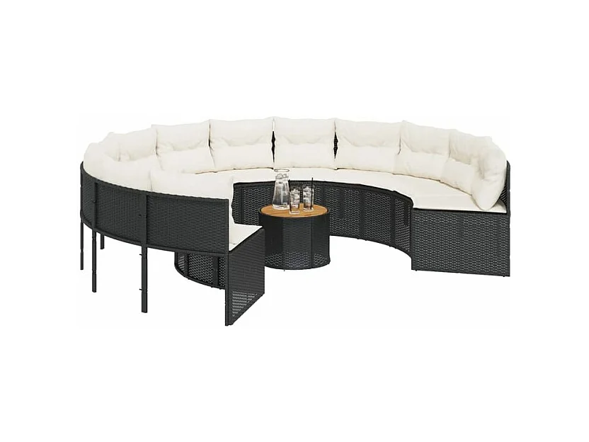 Canapé de jardin avec table coussins rond noir résine tressée