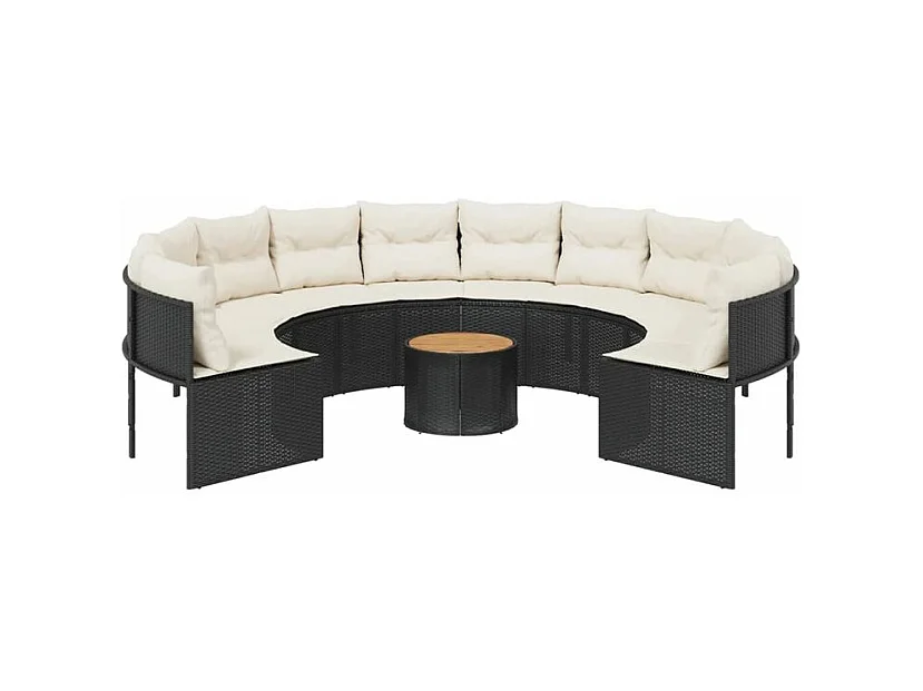 Canapé de jardin avec table coussins rond noir résine tressée