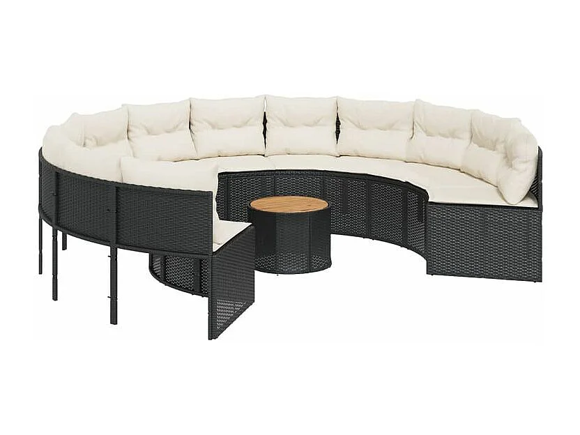 Canapé de jardin avec table coussins rond noir résine tressée