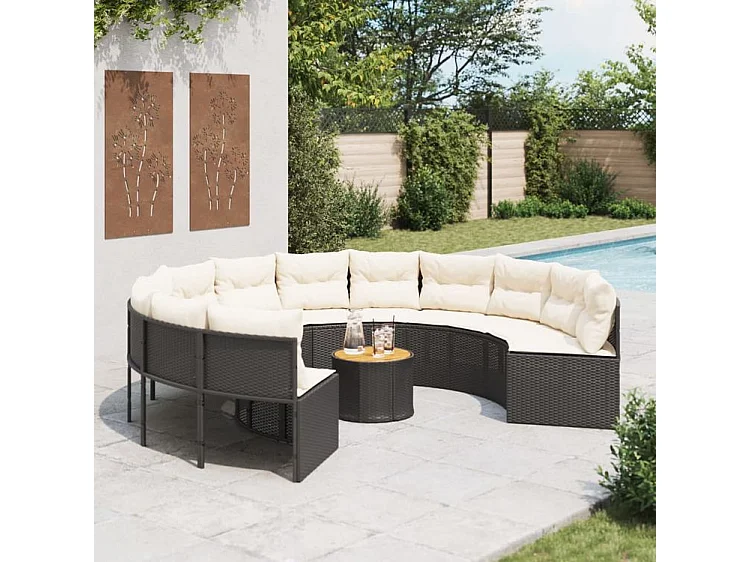 Canapé de jardin avec table coussins rond noir résine tressée