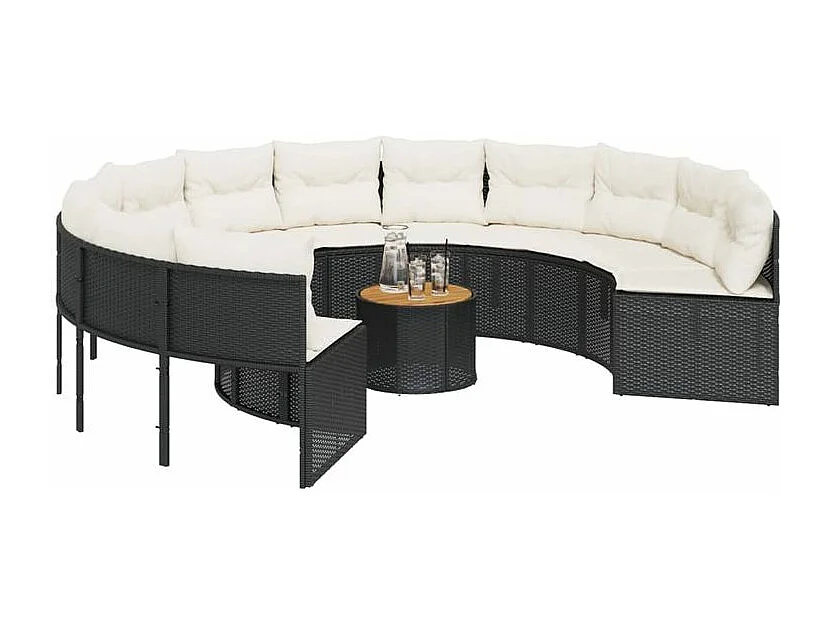 Canapé de jardin avec table coussins rond noir résine tressée