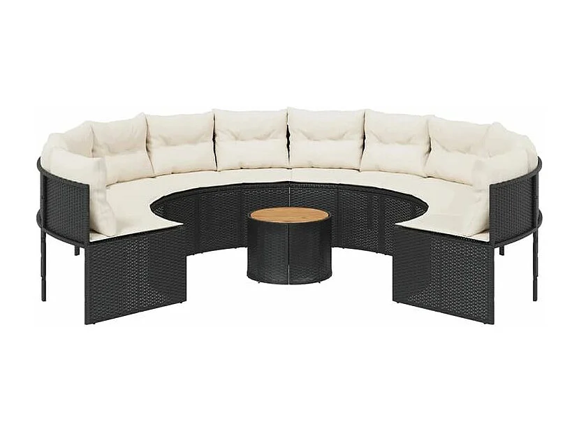 Canapé de jardin avec table coussins rond noir résine tressée