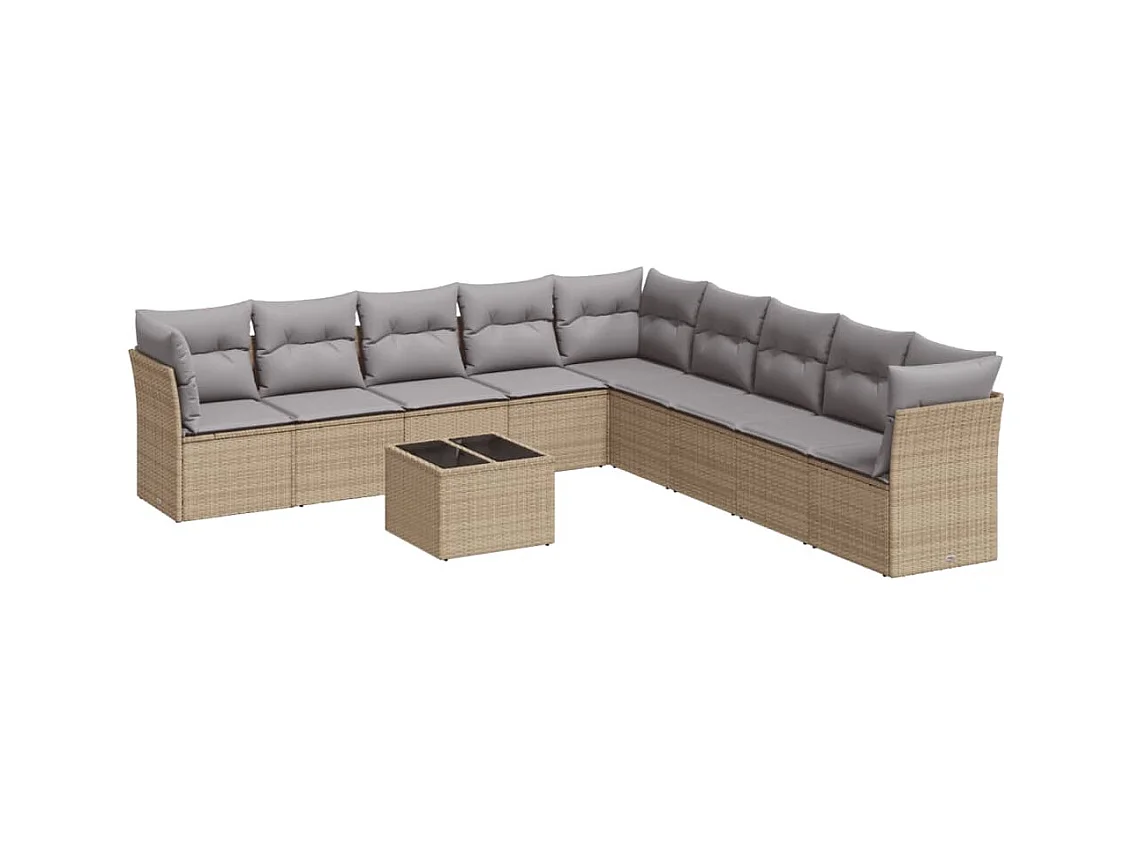 Salon de jardin avec coussins 10 pcs beige résine tressée