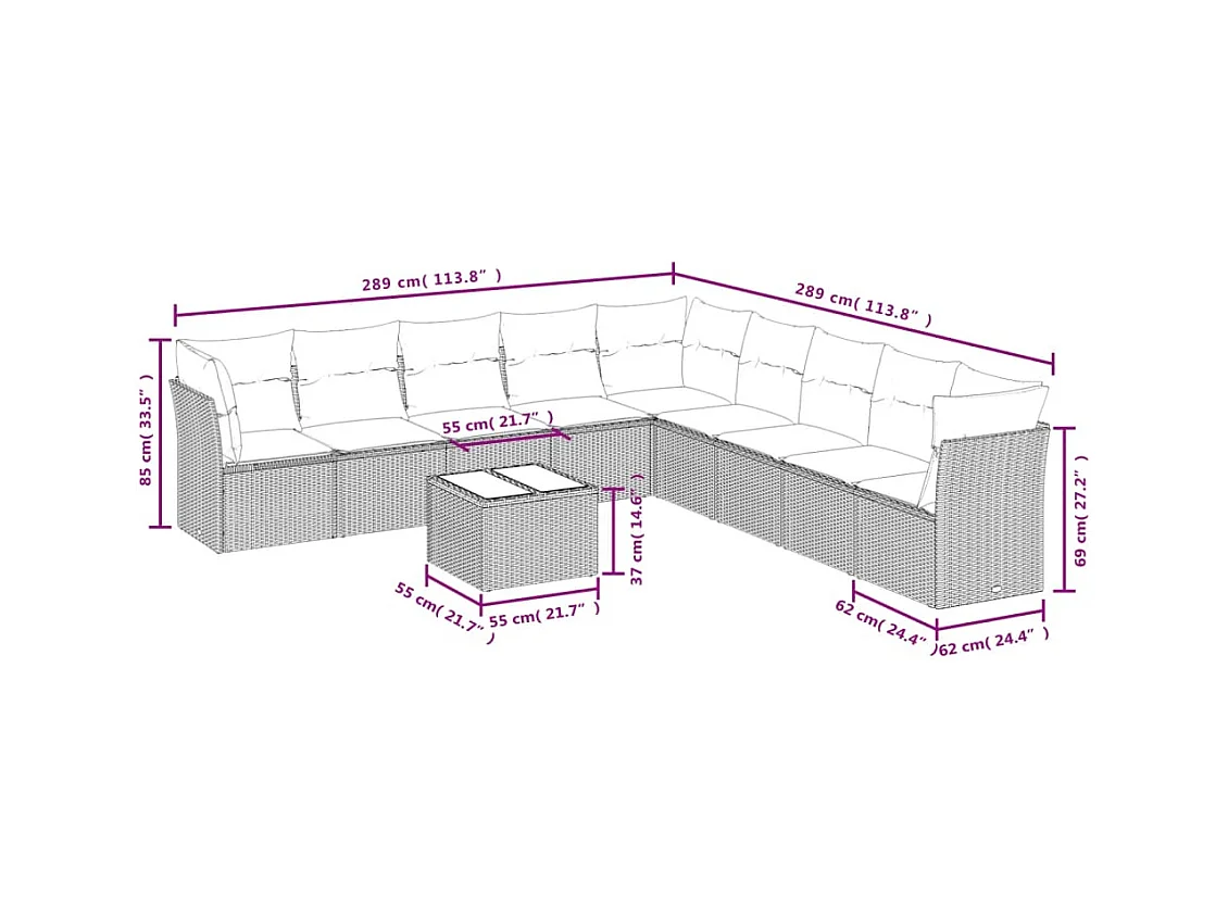 Salon de jardin avec coussins 10 pcs beige résine tressée