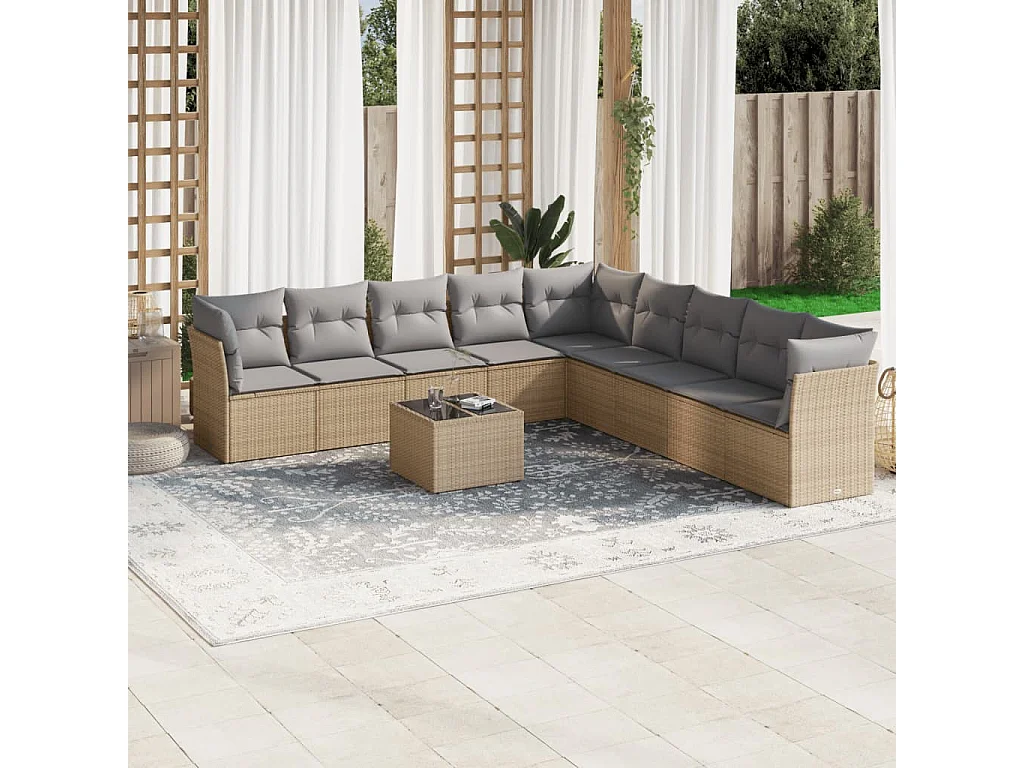 Salon de jardin avec coussins 10 pcs beige résine tressée