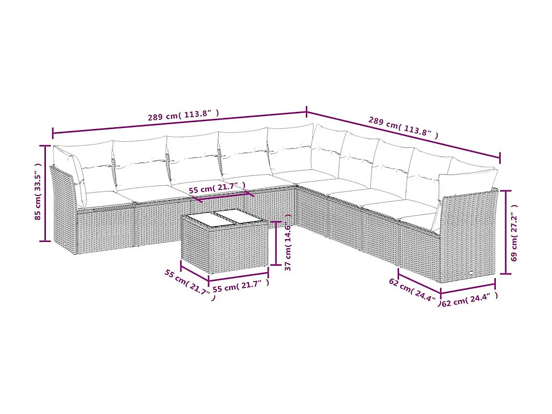 Salon de jardin avec coussins 10 pcs beige résine tressée
