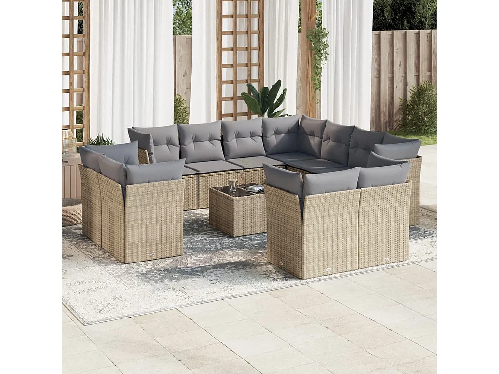 Salon de jardin avec coussins 12 pcs beige résine tressée