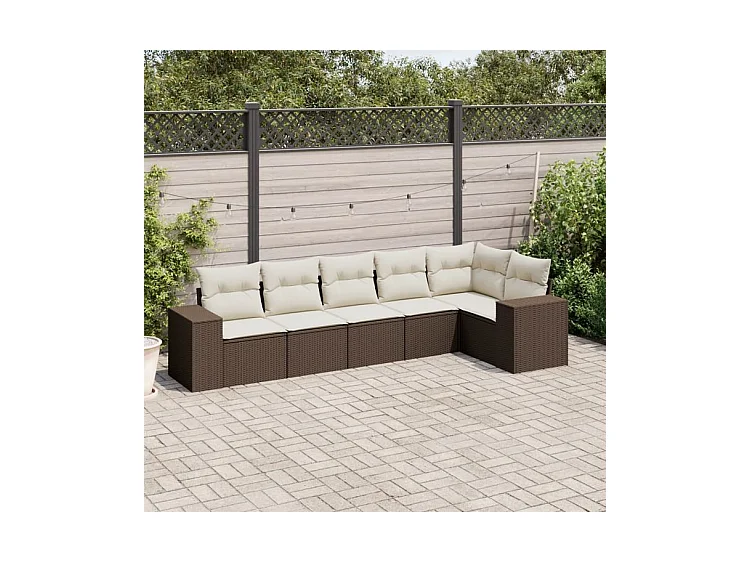 Salon de jardin avec coussins 6 pcs marron résine tressée