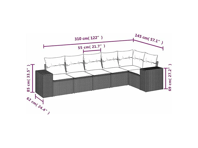 Salon de jardin avec coussins 6 pcs marron résine tressée