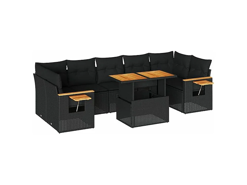 Salon de jardin avec coussins 8 pcs noir résine tressée acacia