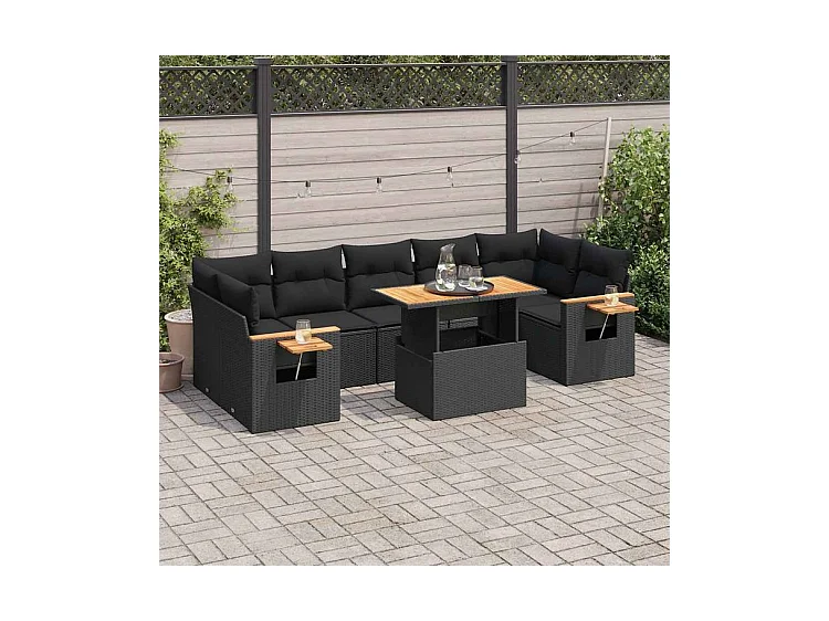 Salon de jardin avec coussins 8 pcs noir résine tressée acacia