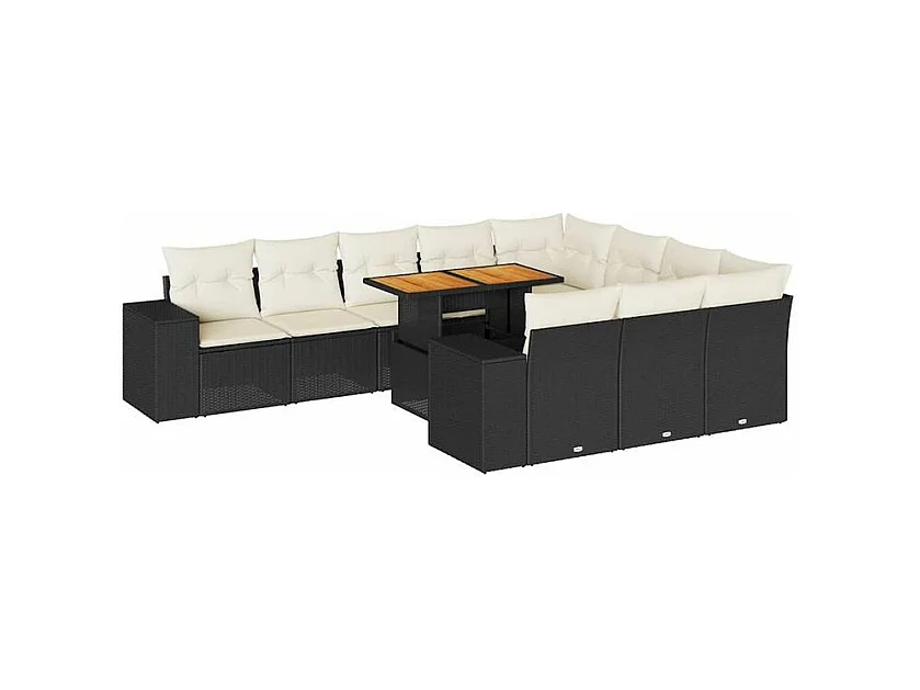 Salon de jardin 10 pcs avec coussins noir résine tressée acacia