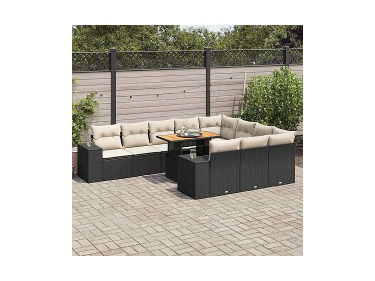 Salon de jardin 10 pcs avec coussins noir résine tressée acacia