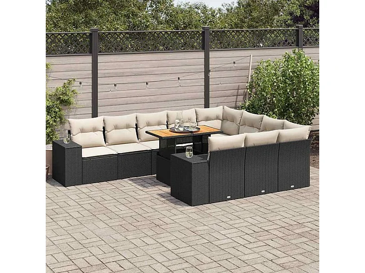Salon de jardin 10 pcs avec coussins noir résine tressée acacia