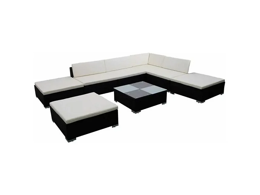 Salon de jardin 8 pièces résine tressée noir coussins blanc Kim 2