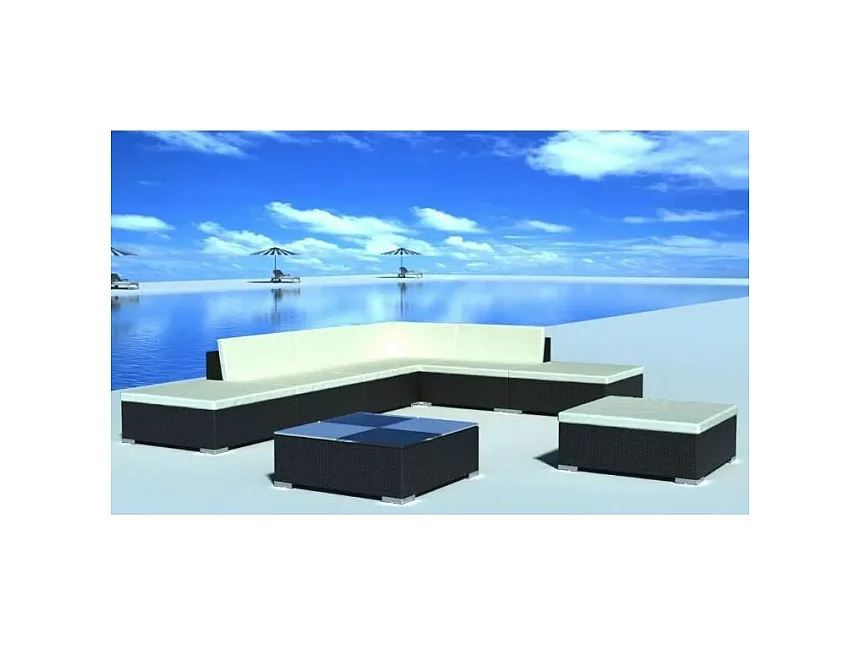 Salon de jardin 8 pièces résine tressée noir coussins blanc Kim 2