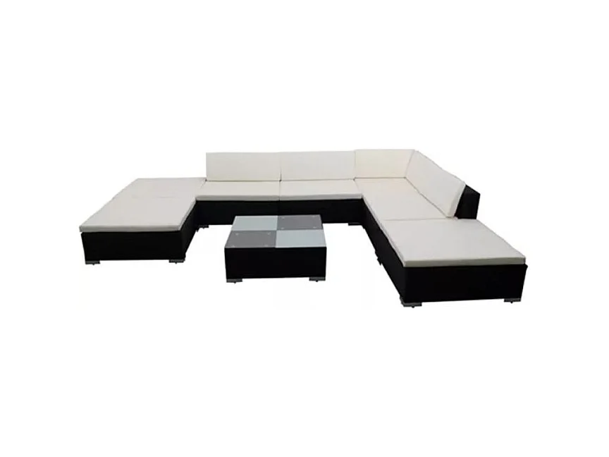 Salon de jardin 8 pièces résine tressée noir coussins blanc Kim 2