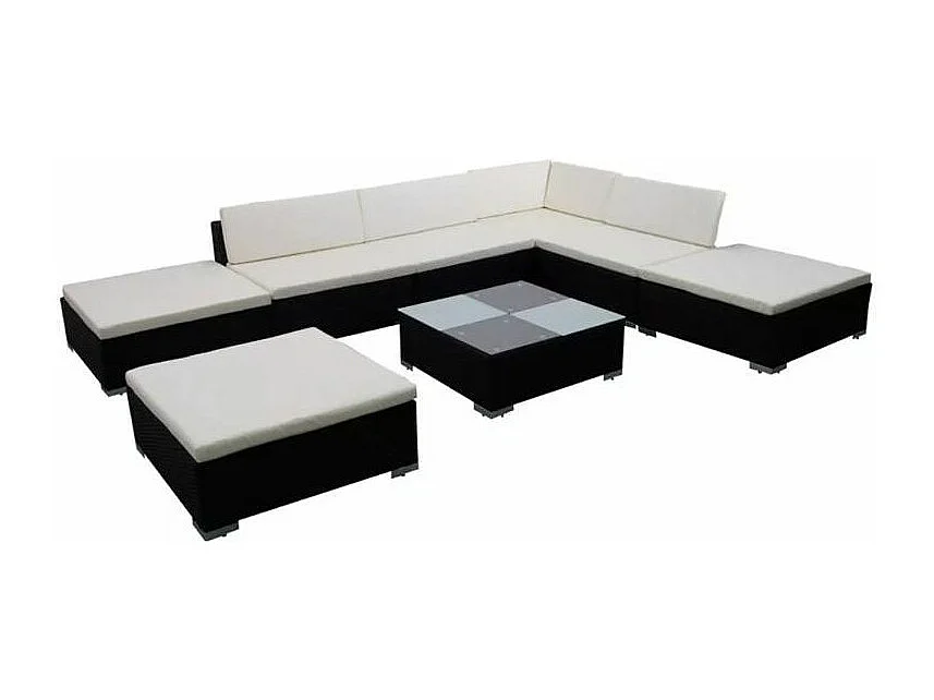 Salon de jardin 8 pièces résine tressée noir coussins blanc Kim 2