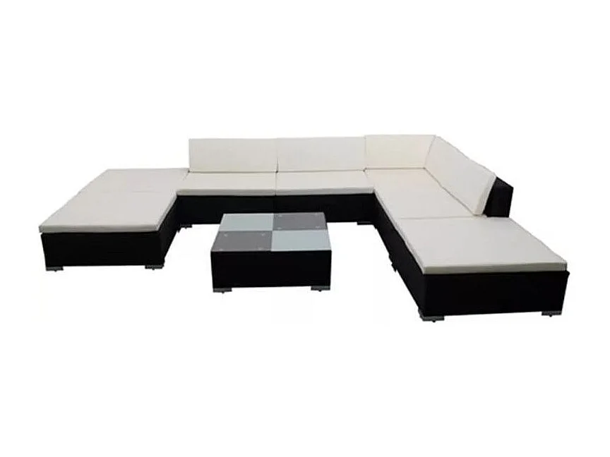 Salon de jardin 8 pièces résine tressée noir coussins blanc Kim 2