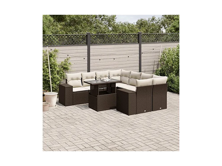 Salon de jardin avec coussins 9 pcs marron résine tressée