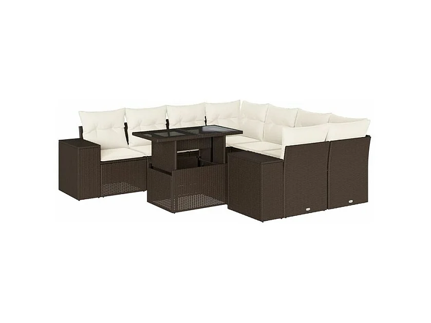 Salon de jardin avec coussins 9 pcs marron résine tressée