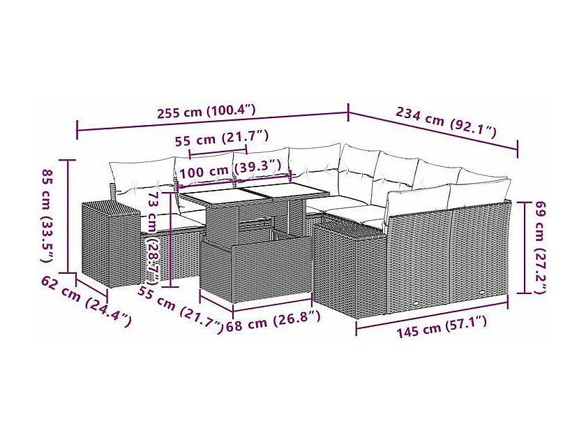 Salon de jardin avec coussins 9 pcs marron résine tressée