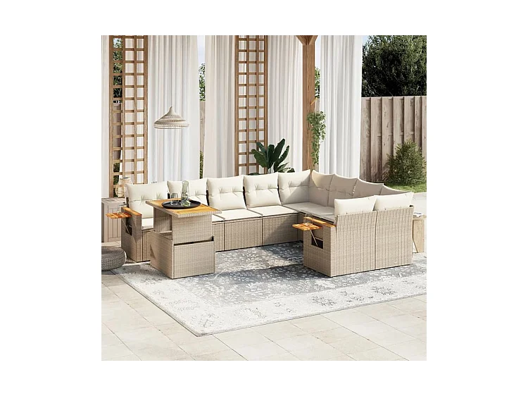 Salon de jardin avec coussins 10 pcs beige résine tressée