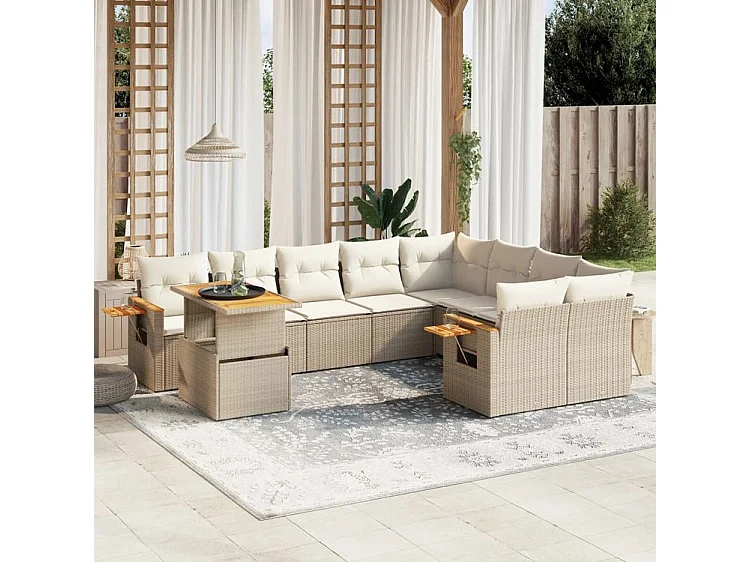 Salon de jardin avec coussins 10 pcs beige résine tressée