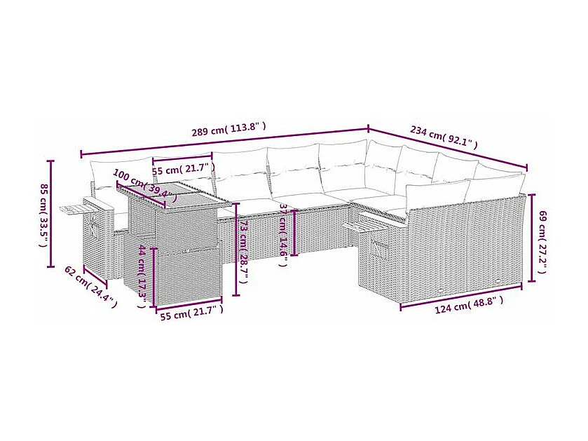 Salon de jardin avec coussins 10 pcs beige résine tressée