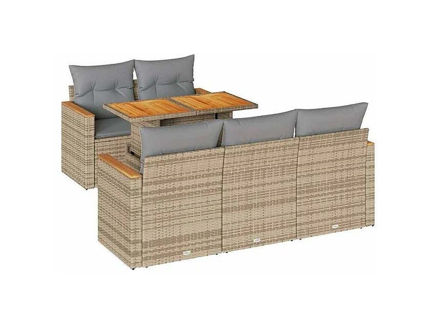 Salon de jardin 6 pcs avec coussins beige résine tressée acacia