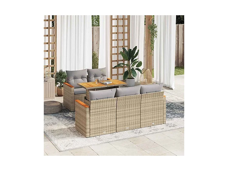 Salon de jardin 6 pcs avec coussins beige résine tressée acacia