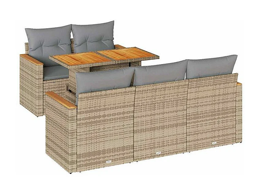 Salon de jardin 6 pcs avec coussins beige résine tressée acacia