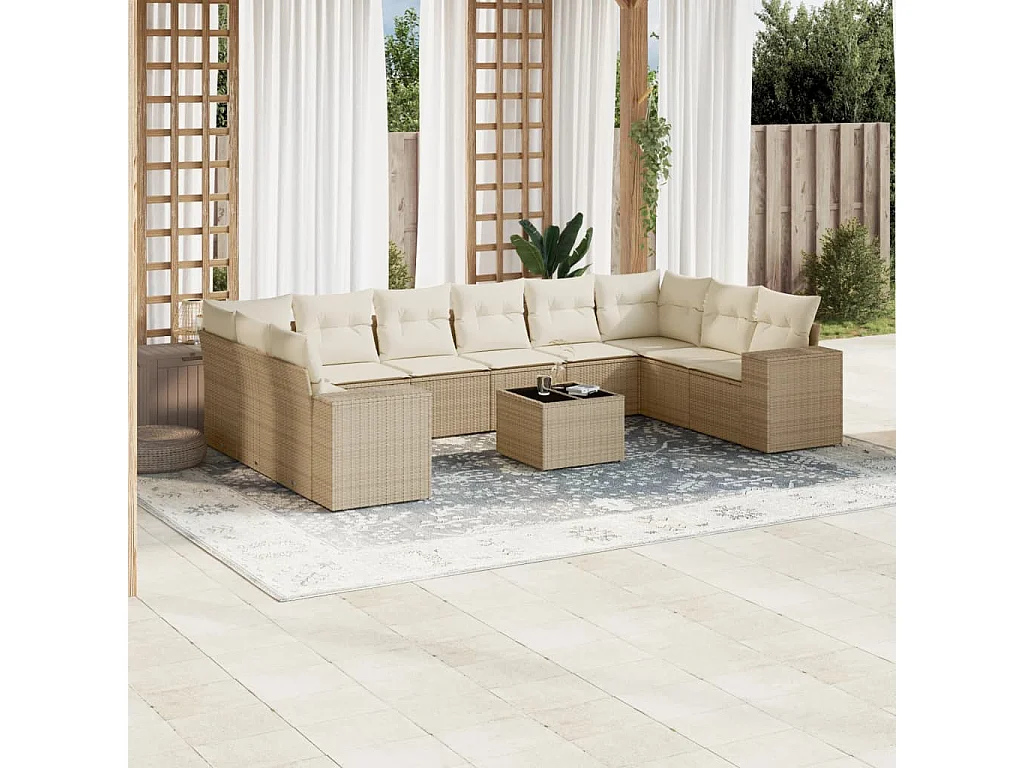 Salon de jardin 11 pcs avec coussins beige résine tressée