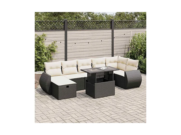 Salon de jardin 8 pcs avec coussins noir résine tressée