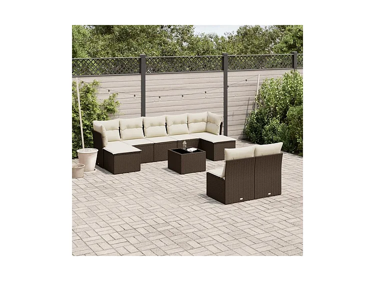 Salon de jardin 10 pcs avec coussins marron résine tressée