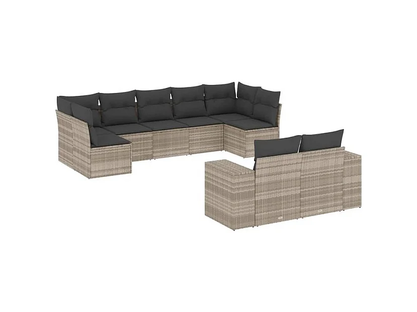Salon de jardin 9 pcs avec coussins gris clair résine tressée