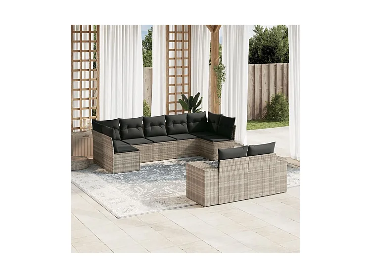 Salon de jardin 9 pcs avec coussins gris clair résine tressée