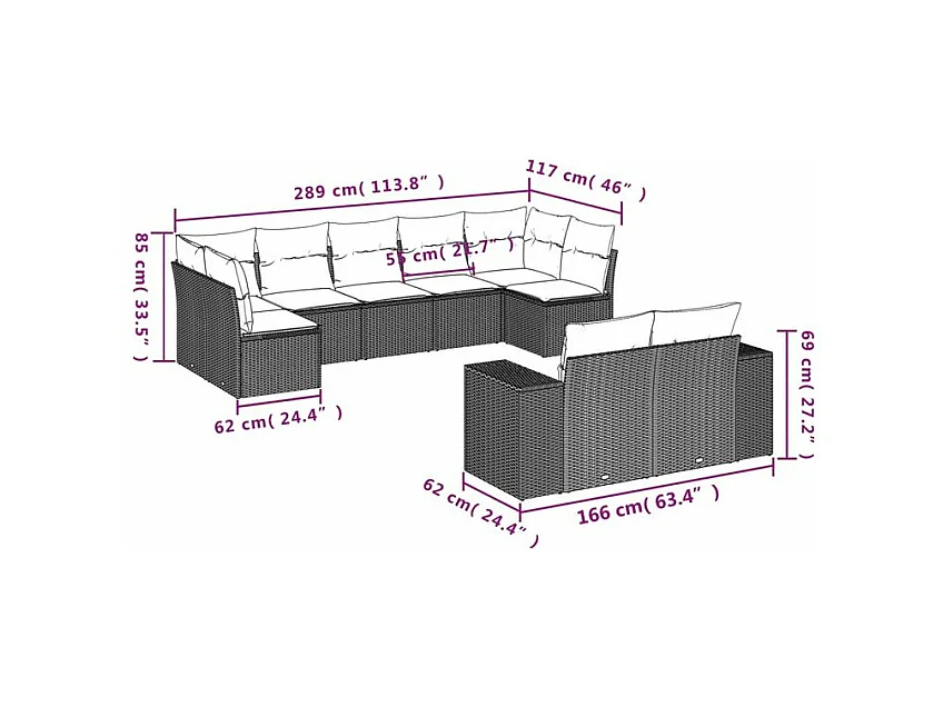 Salon de jardin 9 pcs avec coussins gris clair résine tressée