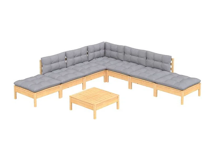 Salon de jardin 8 pcs avec coussins gris Bois de pin
