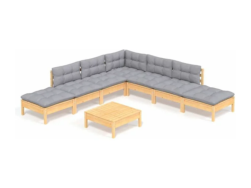 Salon de jardin 8 pcs avec coussins gris Bois de pin
