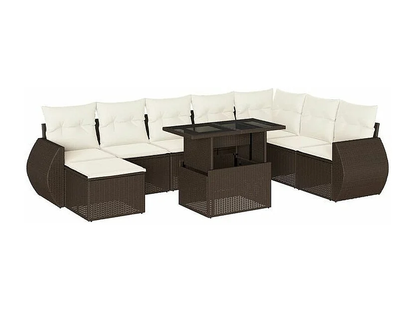 Salon de jardin avec coussins 9 pcs marron résine tressée