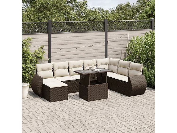 Salon de jardin avec coussins 9 pcs marron résine tressée
