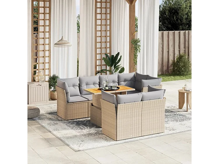 Salon de jardin avec coussins 8 pcs beige résine tressée
