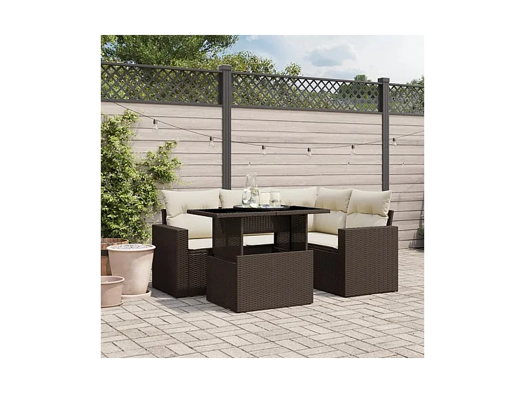 Salon de jardin avec coussins 5 pcs marron résine tressée