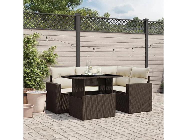 Salon de jardin avec coussins 5 pcs marron résine tressée