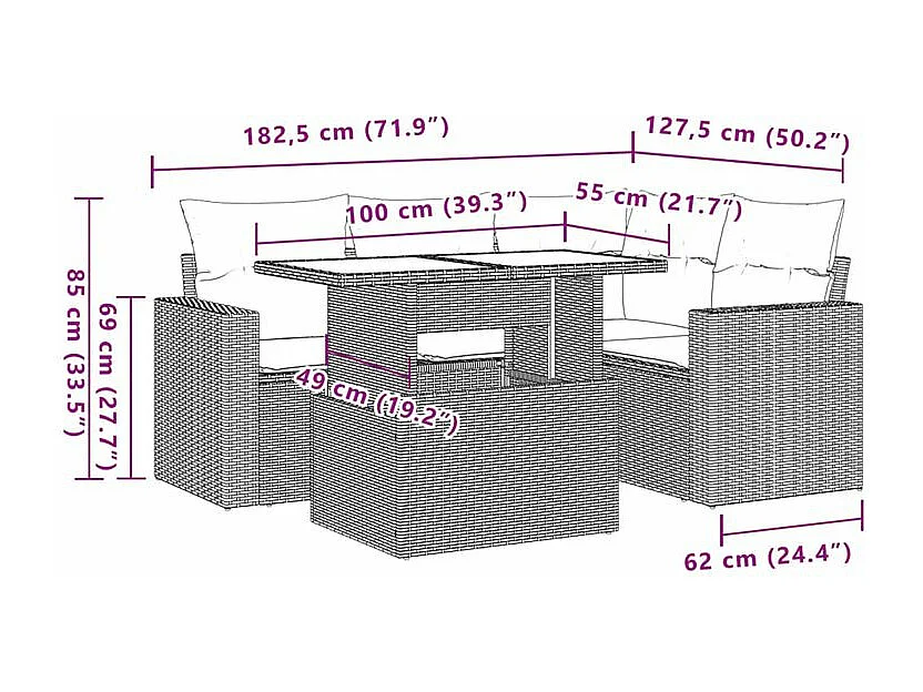 Salon de jardin avec coussins 5 pcs marron résine tressée